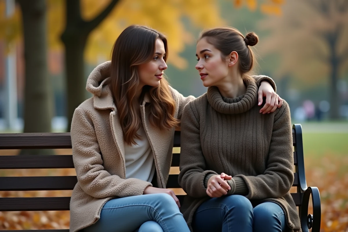 Deux femmes sur un banc de parc en automne