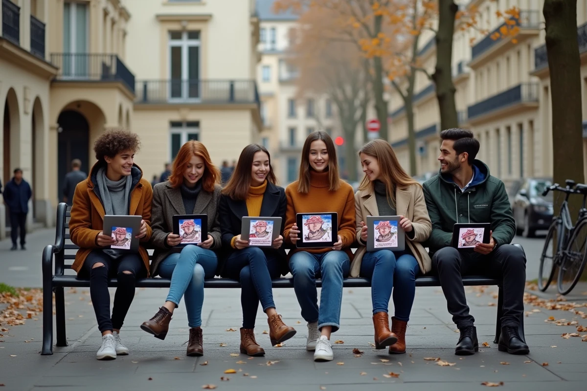 Jeunes amis sur un banc parisien avec tablettes et ordinateurs