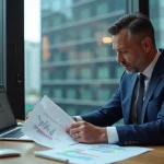 Homme d'affaires analysant des documents financiers avant d'investir dans un service de transfert d'argent international