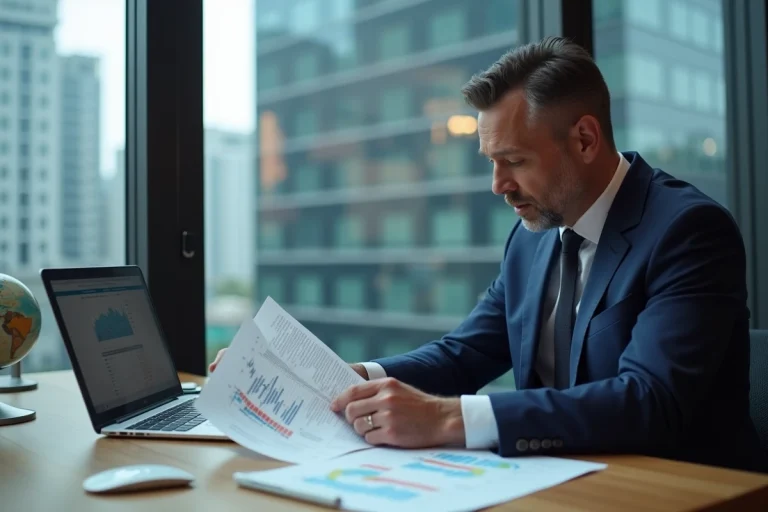 Homme d'affaires analysant des documents financiers avant d'investir dans un service de transfert d'argent international