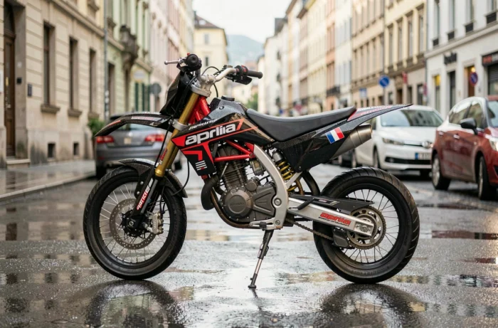 Aprilia SX 125 en livrée noire et rouge garée sur un trottoir urbain mouillé dans une rue européenne