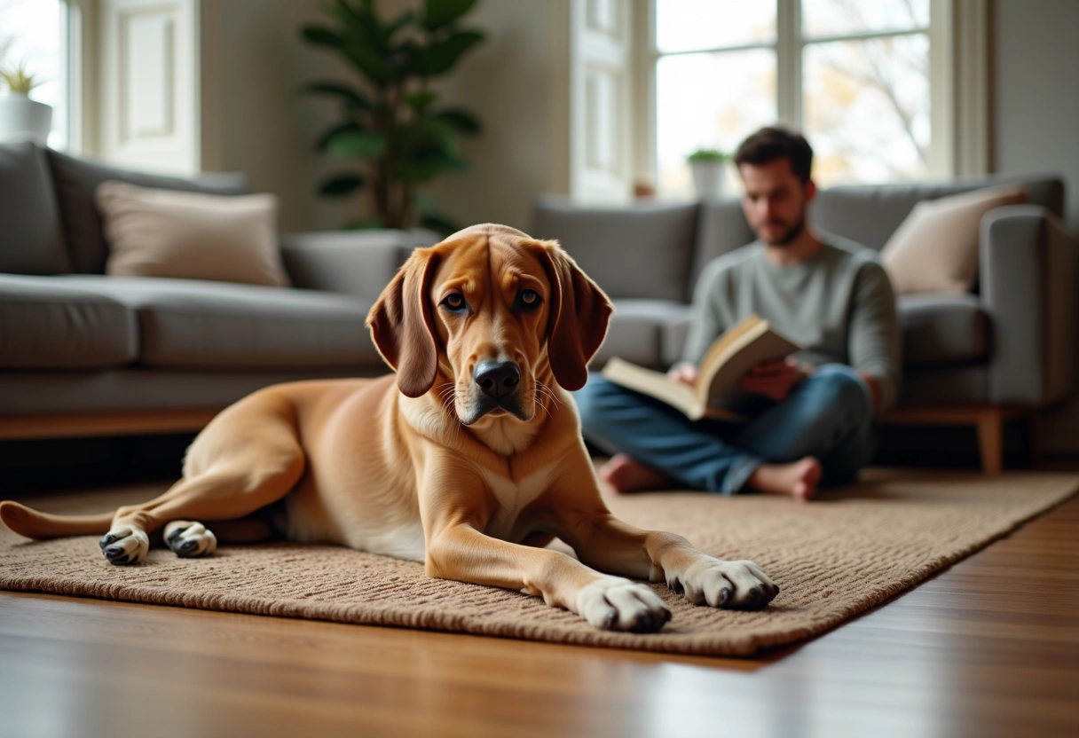 Beagador allongé sur un tapis dans un salon avec un homme lisant un livre