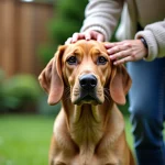 Beagador assis dans un jardin verdoyant avec une femme caressant sa tête
