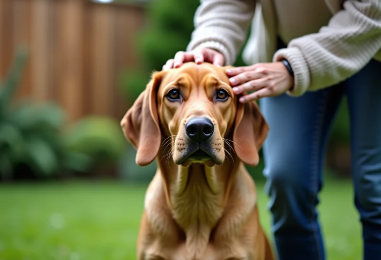 Beagador assis dans un jardin verdoyant avec une femme caressant sa tête