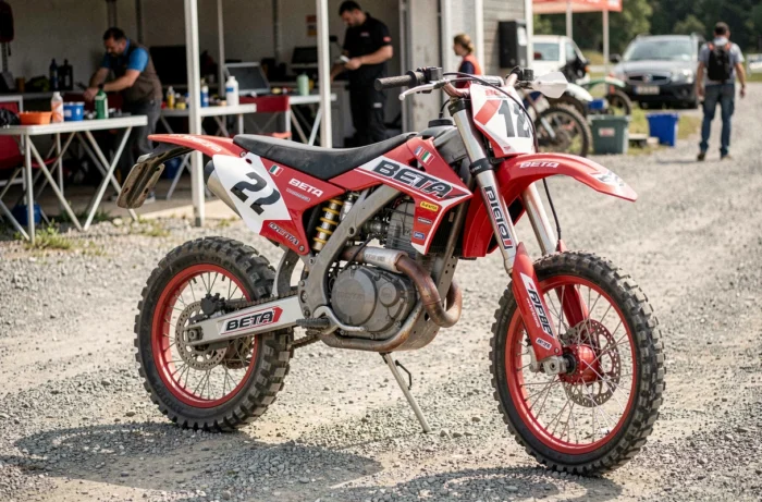 Beta RR 125 Motard en livrée rouge et blanche dans le paddock d'un circuit de supermotard en plein air