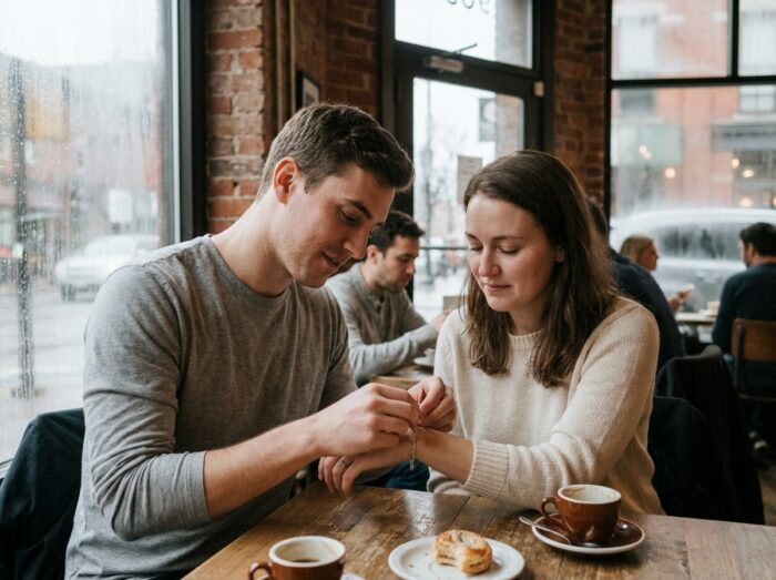 Jeune homme attachant un bracelet en argent au poignet d'une femme dans un café rustique, geste tendre et intime, bijou offert en cadeau romantique
