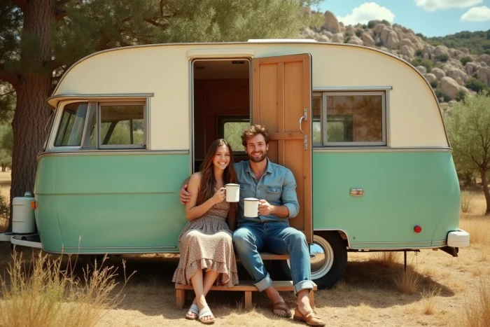 Couple amoureux devant une caravane vintage restaurée à Cotignac dans le Var