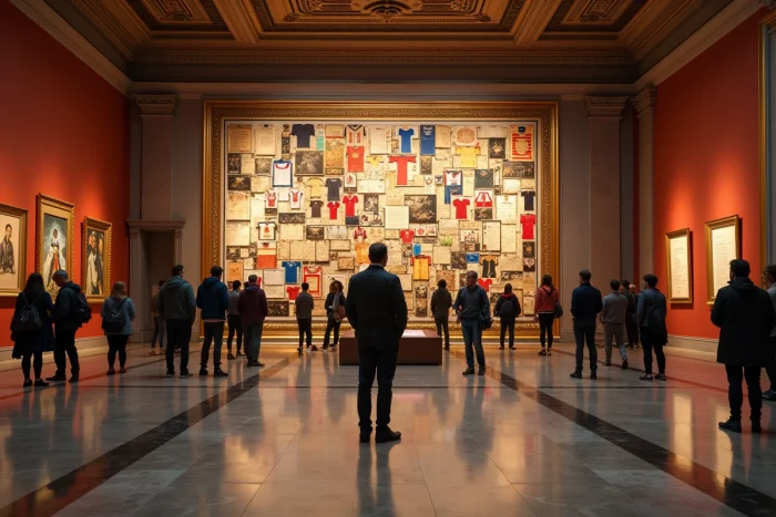 Galerie culturelle espagnole avec des œuvres d'art, affiches de films et maillots de sport représentant les célébrités espagnoles les plus connues