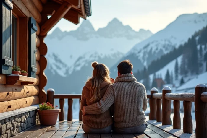 Couple enlacé sur la terrasse d'un chalet intimiste à Saint-Véran avec vue sur les sommets enneigés