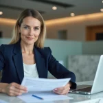 Femme professionnelle en blazer marine examinant des documents financiers dans une agence bancaire moderne en 2025
