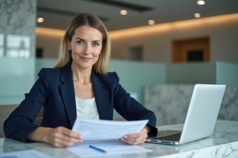 Femme professionnelle en blazer marine examinant des documents financiers dans une agence bancaire moderne en 2025