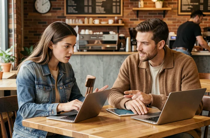 Deux collègues en discussion dans un café pour trouver des alternatives à un service numérique indisponible