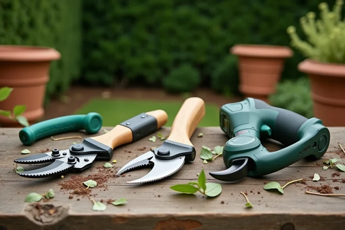 Vue à plat de plusieurs types d'élagueuses et cisailles de jardin disposées sur une table en bois rustique
