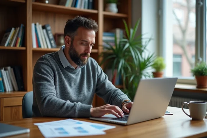 Homme comparant des options de banques sécurisées sur un ordinateur portable dans un bureau à domicile