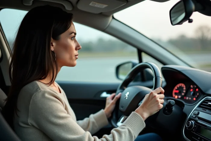 Conductrice d'une Peugeot 208 observant un voyant allumé sur le tableau de bord depuis son siège conducteur