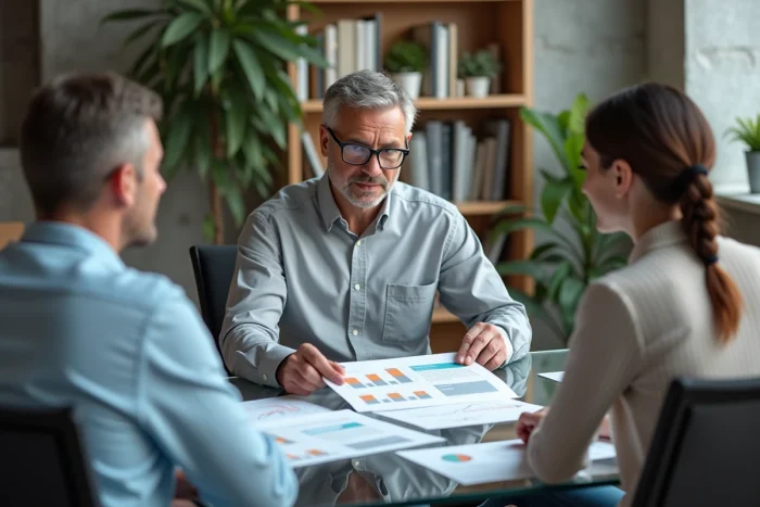 Conseiller financier présentant une évaluation des risques liés aux services de transfert d'argent à un couple de clients