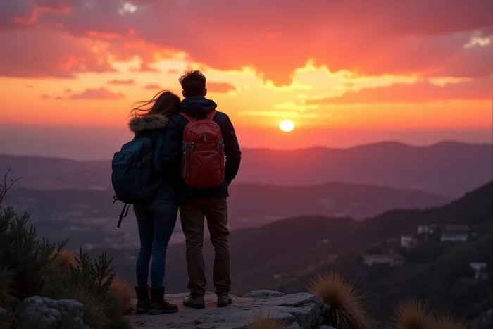 Couple admirant le coucher de soleil depuis le sommet du Petit Bessillon dans le Var