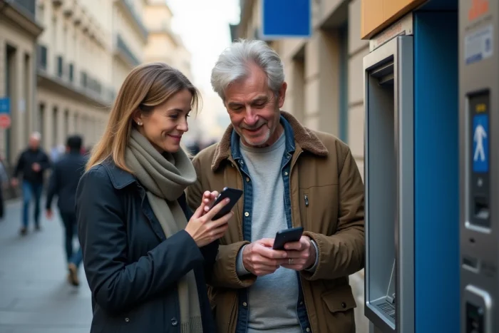 Couple utilisant une application bancaire sécurisée devant un distributeur automatique en ville en 2025