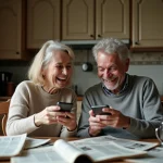 Couple français riant avec smartphones dans cuisine chaleureuse