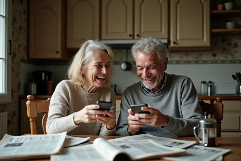Couple français riant avec smartphones dans cuisine chaleureuse