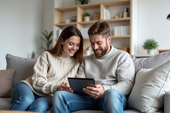 Couple consultant un simulateur de prêt personnel sur une tablette dans un salon moderne et minimaliste