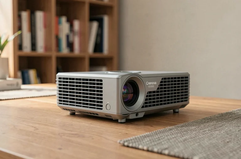 Projecteur compact Crenova VS100S posé sur un bureau en bois dans un bureau à domicile moderne