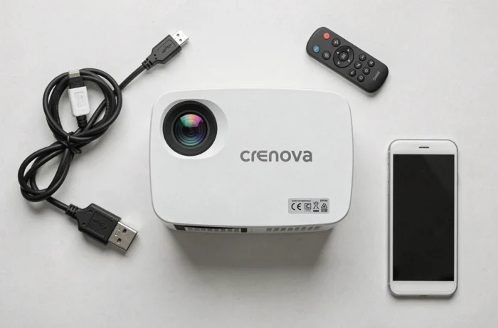 Vue à plat du projecteur Crenova VS100S avec ses accessoires sur fond blanc