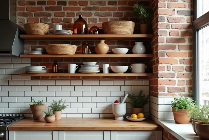 Coin cuisine tendance avec étagères ouvertes en chêne, vaisselle vintage et paniers en rotin sur mur en briques apparentes, décoration intérieure actuelle