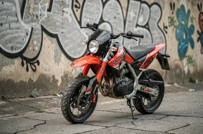 Derbi Senda DRD 125 SM en livrée rouge et noire garée devant un mur en béton graffité en milieu urbain