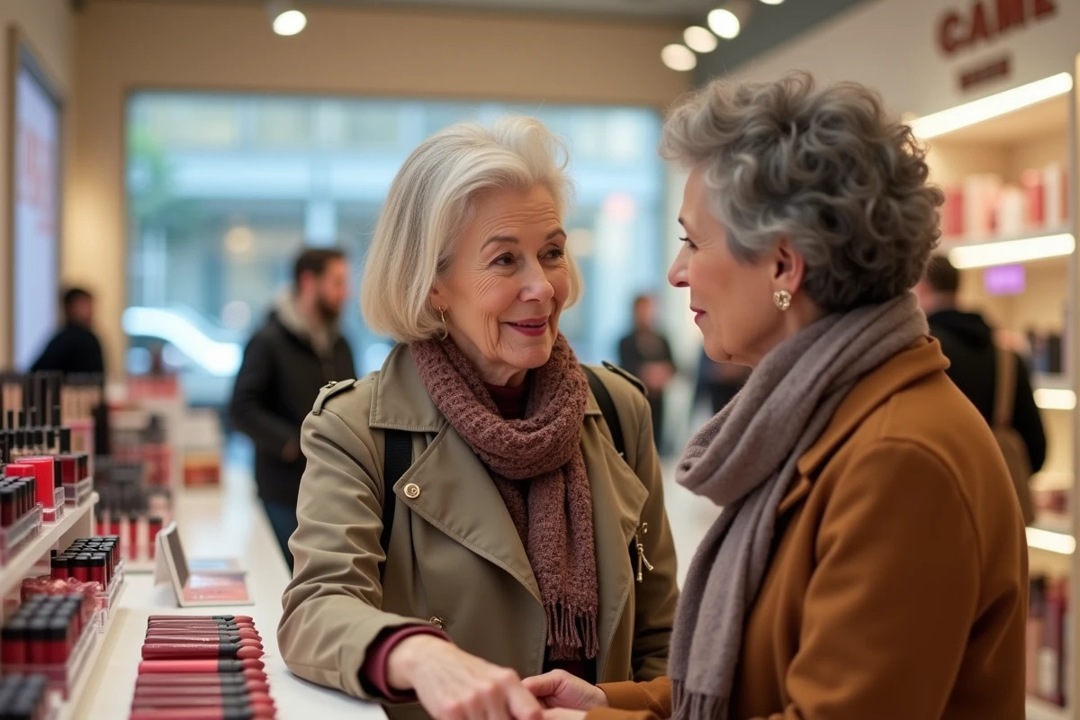 Deux femmes de 60 ans consultent un nuancier de rouges à lèvres