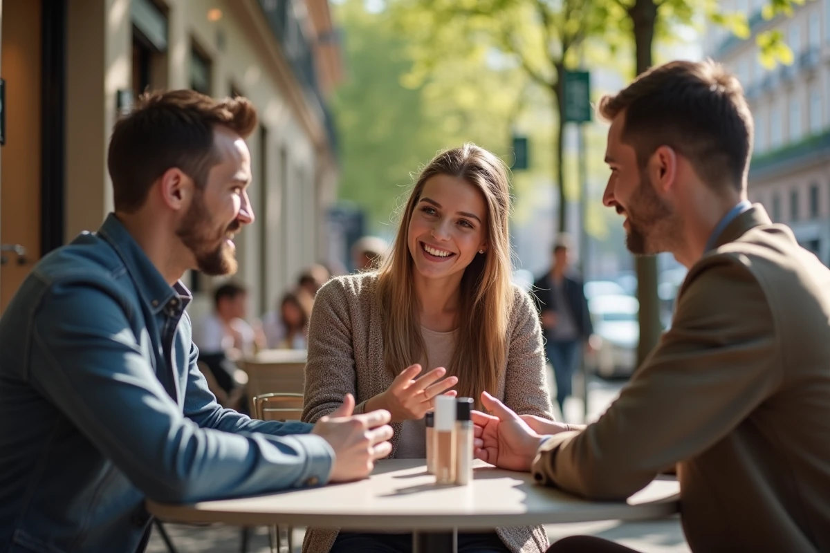 Groupe de jeunes discutant de produits de beauté en extérieur
