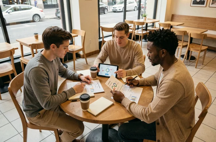 Groupe de jeunes professionnels analysant des stratégies de monétisation digitale autour d'une table dans un café
