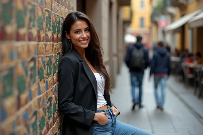 Jeune femme espagnole brune souriante en veste ajustée appuyée contre un mur de carreaux colorés dans une rue de Madrid, évoquant Ester Expósito