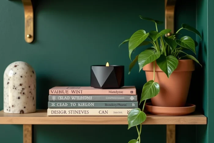 Étagère décorative stylisée avec livres de design, bougeoir géométrique et plante verte en pot en terre cuite, tendances déco intérieure contemporaine