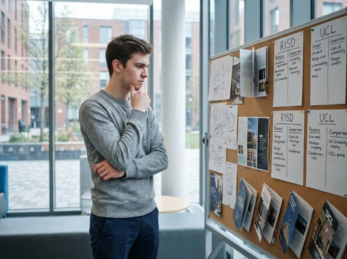 Jeune homme réfléchissant devant un tableau de comparaison entre prépa design et entrée directe en école spécialisée