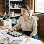 Étudiante en design travaillant sur des croquis et des planches couleurs à son bureau, hésitant entre prépa design et école spécialisée