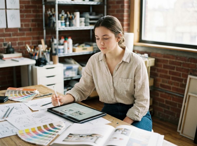 Étudiante en design travaillant sur des croquis et des planches couleurs à son bureau, hésitant entre prépa design et école spécialisée