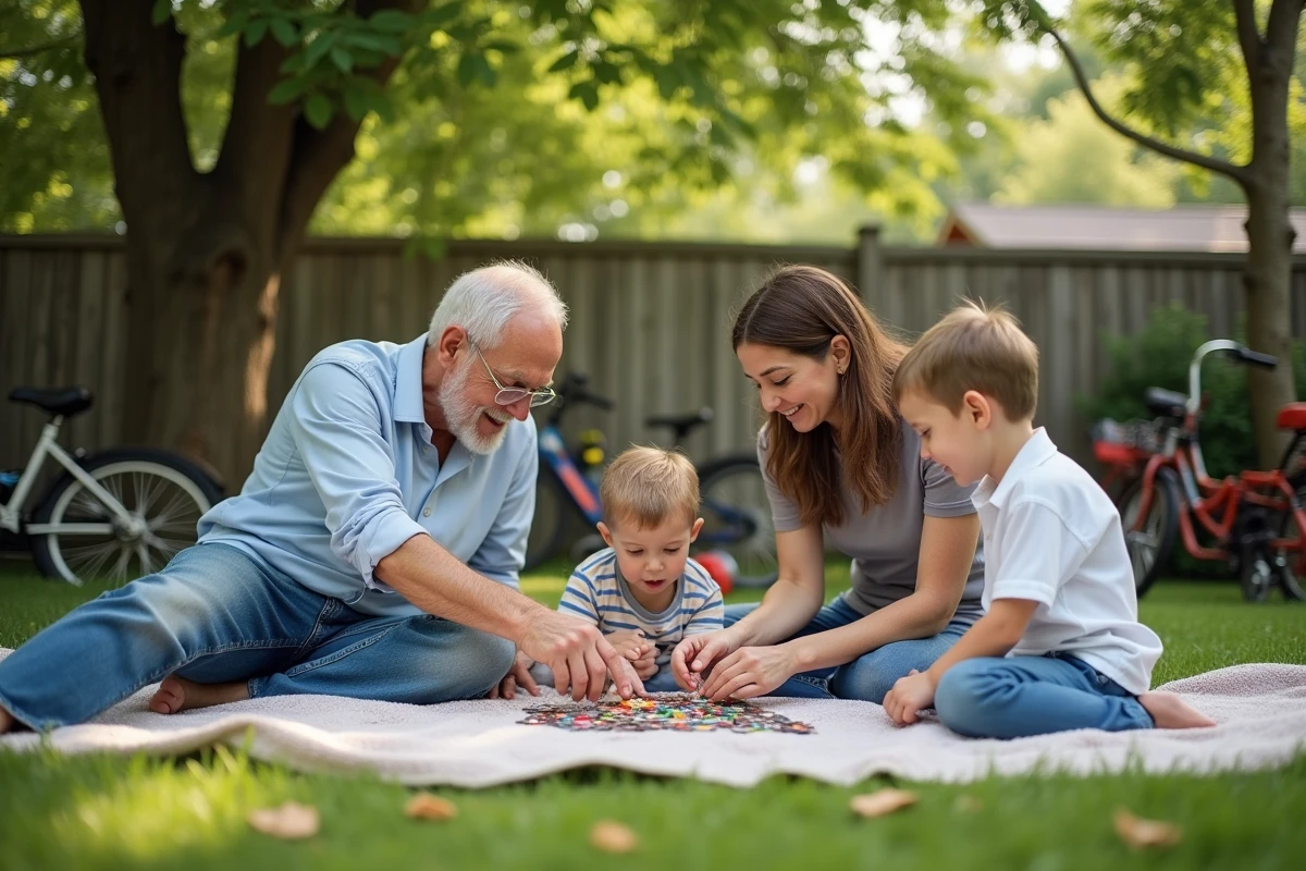 Trois generations jouant ensemble dans le jardin en plein air