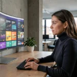 Femme consultant les dernières actualités informatiques 2024 sur un écran ultrawide dans un bureau moderne