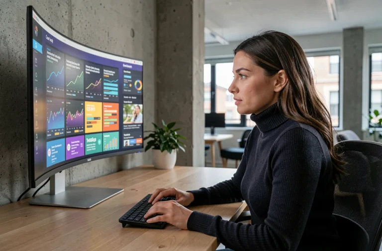 Femme consultant les dernières actualités informatiques 2024 sur un écran ultrawide dans un bureau moderne