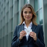 Femme d'affaires tenant une carte Zakmav devant un bâtiment moderne