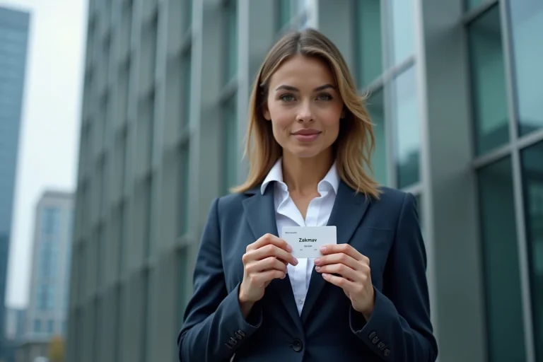 Femme d'affaires tenant une carte Zakmav devant un bâtiment moderne