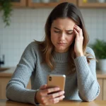 Femme consultant un numéro inconnu sur son smartphone dans une cuisine, expression perplexe face à un appel entrant non identifié