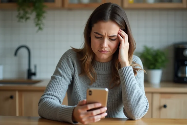 Femme consultant un numéro inconnu sur son smartphone dans une cuisine, expression perplexe face à un appel entrant non identifié