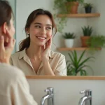 Femme souriante dans son miroir de salle de bain