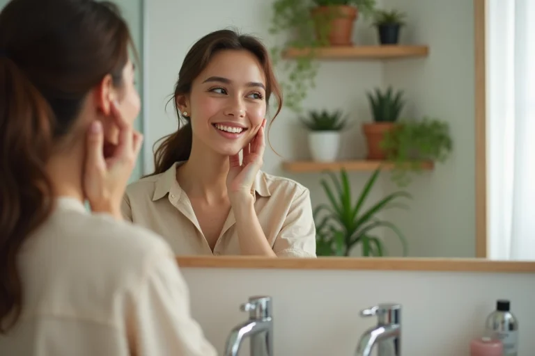 Femme souriante dans son miroir de salle de bain