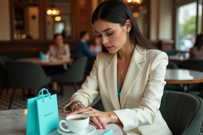 Femme élégante portant un bracelet Tiffany and Co dans un café parisien avec sac bleu iconique sur la table