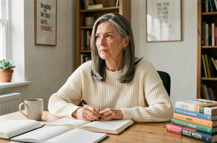 Femme mature et déterminée écrivant dans son bureau à domicile, symbole de développement personnel et de potentiel féminin