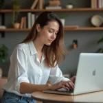 Jeune femme au bureau avec ordinateur portable et livres