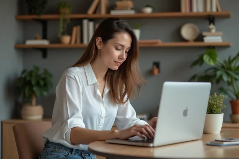 Jeune femme au bureau avec ordinateur portable et livres